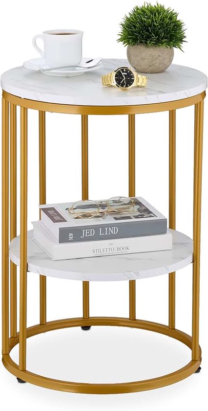 Bijzettafel marmer look, met opbergruimte, woonkamer, metaal, mdf, salontafel rond, HxØ 57x40 cm, wit-goud