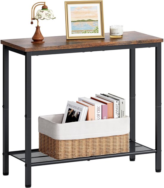 Bijzettafel met 2 niveaus, bijzettafel, smalle bijzettafel met opbergruimte, slank nachtkastje voor kleine ruimtes, metalen frame, voor woonkamer, slaapkamer, bank, hal, rustiek bruin