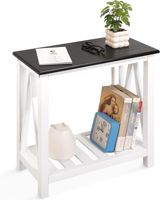 Bijzettafel met houten frame, smal nachtkastje met planken, zwart wit rechthoekig, salontafel voor bank, kleine ruimtes, woonkamer, slaapkamer