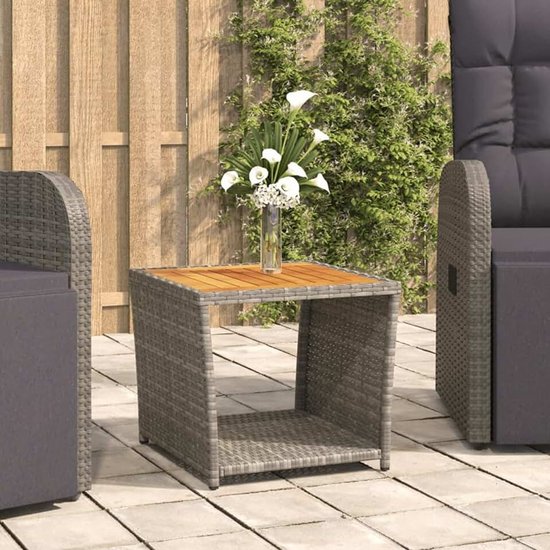 Bijzettafel met houten plaat, salontafel, koffietafel, woonkamertafel, moderne theetafel voor werkkamer, kantoor, woonkamer, grijs, polyrotan en acaciahout