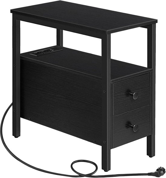 Bijzettafel met laadstation, 2 laden, USB-aansluiting, nachtkastje voor woonkamer, slaapkamer, decoratie, zwart EBK542BZ01