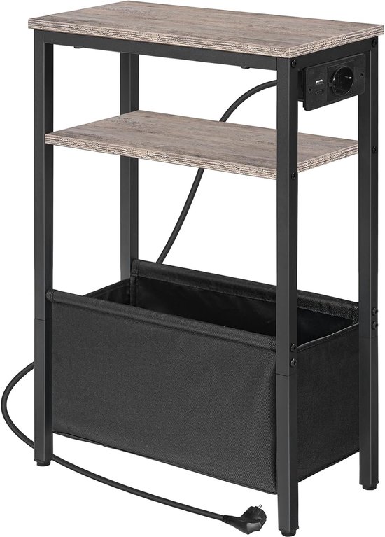 Bijzettafel met laadstation, nachtkastje met opbergruimte, salontafel met stopcontact en USB-poorten, voor kleine ruimtes, slaapkamer, woonkamer, verweerd grijs en zwart EBG125CBZ01
