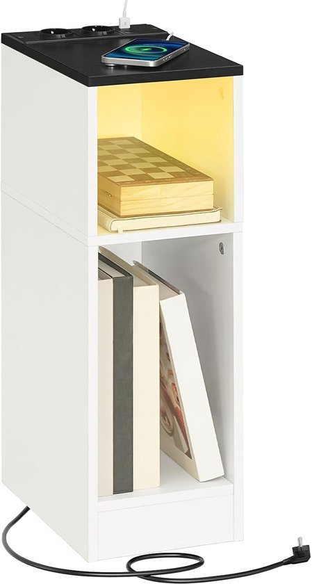 Bijzettafel met Laadstation, Nachtkastje met Sensor LED-licht, Salontafel, voor Kleine Ruimtes, Woonkamer, Slaapkamer, Zwart en Wit AETHW25UE01