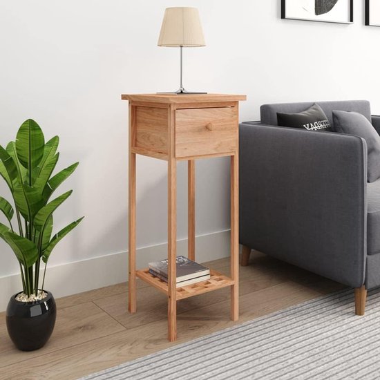 Bijzettafel met lade, consoletafel, salontafel, woonkamertafel, telefoontafel, plantenstandaard, opbergruimte, theetafel, geschikt voor woonkamer, kantoor, hal, 25 x 25 x 60 cm, massief hout notenhout