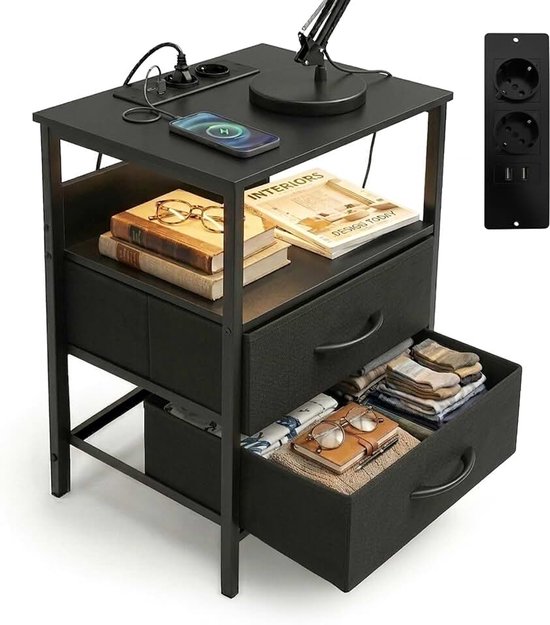 Bijzettafel met LED, stopcontacten, USB, 2 lades, HxBxD: 60 x 40 x 30 cm, nachtkastje, zwart