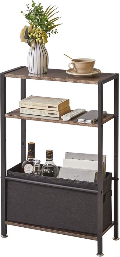 Bijzettafel met opbergruimte, 3-laags smalle salontafel met stoffen mand, smal nachtkastje, kleine smalle bijzettafel voor kleine ruimtes, slaapkamer, woonkamer, donkergrijs, YD-TM052G