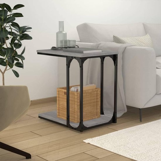 Bijzettafel met opbergruimte, grijs Sonoma, 50 x 35 x 52 cm, van houtmateriaal, C-vormig design met stevig stalen frame voor bank en bed, praktische bijzettafel voor woonkamer