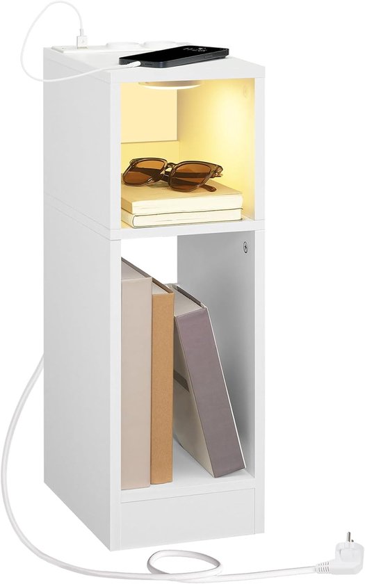Bijzettafel met Oplaadstation, Nachtkastje met Sensorgestuurde Ledlamp, Salontafel, voor Kleine Ruimtes, Woonkamer, Slaapkamer, Wit AETWT25UE01