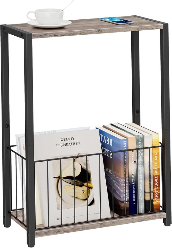 bijzettafel met tijdschriftenhouder, Greige-zwart | ijzeren frame en MDF-plaat, 18 x 43 x 60 cm, ruimtebesparend design voor woonkamer, slaapkamer of kantoor