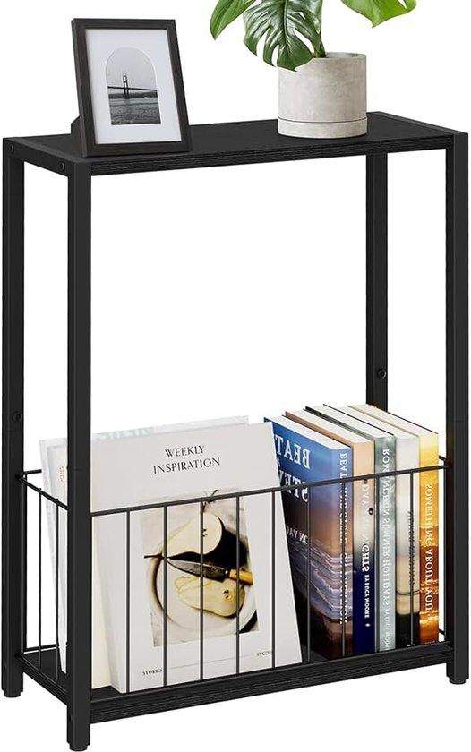 bijzettafel met tijdschriftenhouder, zwart | ijzeren frame en MDF-plaat, 18 x 43 x 60 cm, ruimtebesparend design voor woonkamer, slaapkamer of kantoor