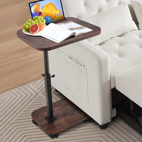 Bijzettafel met wielen, bijzettafel C-vorm, 360° draaibaar en in hoogte verstelbaar, mobiele salontafel, kleine houten koffietafel voor woonkamer, slaapkamer (walnoot)