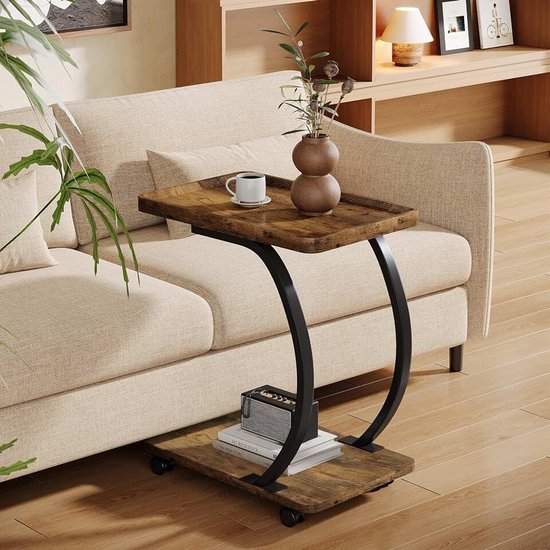 Bijzettafel met wielen, C-vorm, Industriële kleine 2-verdiepingen sofatafel, bijzettafel van hout met metalen frame voor de slaapkamer, voor kleine woonkamers, Rustiek Bruin