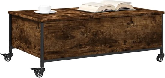 Bijzettafel met wielen en opbergruimte, rookeiken, houtmateriaal, 91 x 55 x 34 cm, woonkamermeubel met remmen en robuust tafelblad voor dranken, snacks, decoratie, tafels en