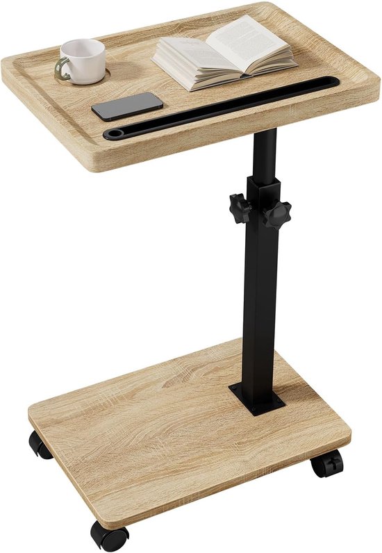 Bijzettafel met wielen, in hoogte verstelbaar, naturel TVT007R | 360° draaibare bankuiteinde, C-vorm, met sleuf voor telefoon en tablet, voor kleine ruimtes, woonkamer, slaapkamer
