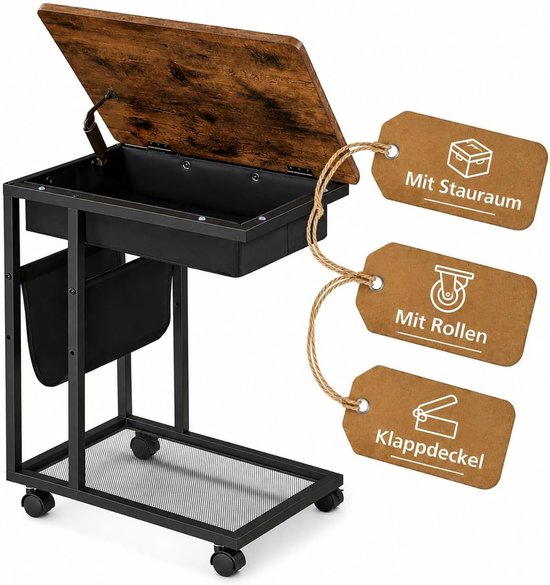 Bijzettafel, met wielen, salontafel, c vorm, laptoptafel met opbergruimte 50 x 35 x 60 cm