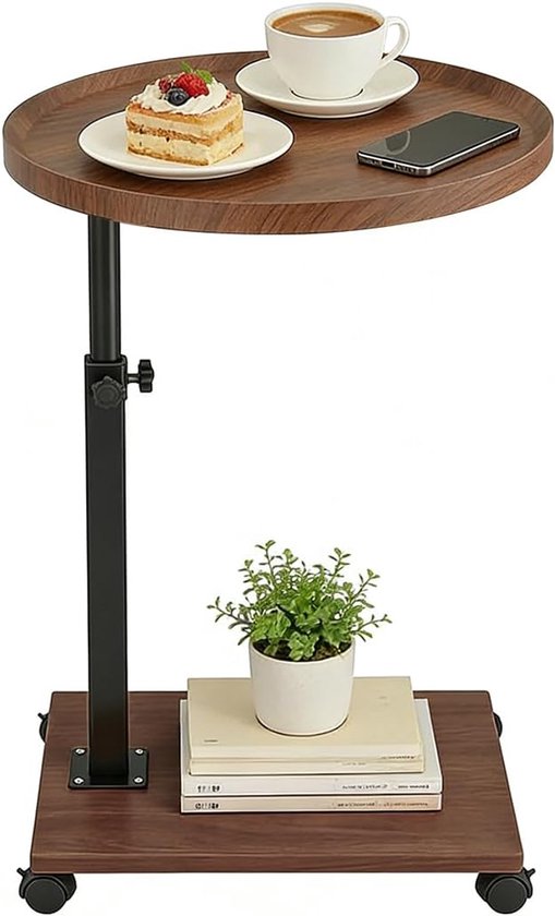 Bijzettafel met wieltjes, 360° draaibaar en in hoogte verstelbaar, bijzettafel, C-vorm, salontafel, kleine koffietafel, zijtafel, sofa, tafel voor woonkamer, slaapkamer, bed (walnoot)