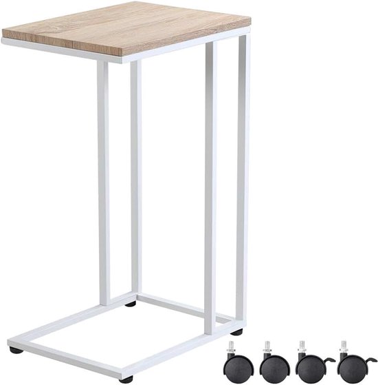 Bijzettafel met wieltjes - 50x35x70 cm - wit frame hout - bank, sofa, bed | 40 kg belastbaar, incl. wielen en poten, laptop, salontafel, C-vorm, woonkamer, wit eiken, comfortabele hoogte, metaal