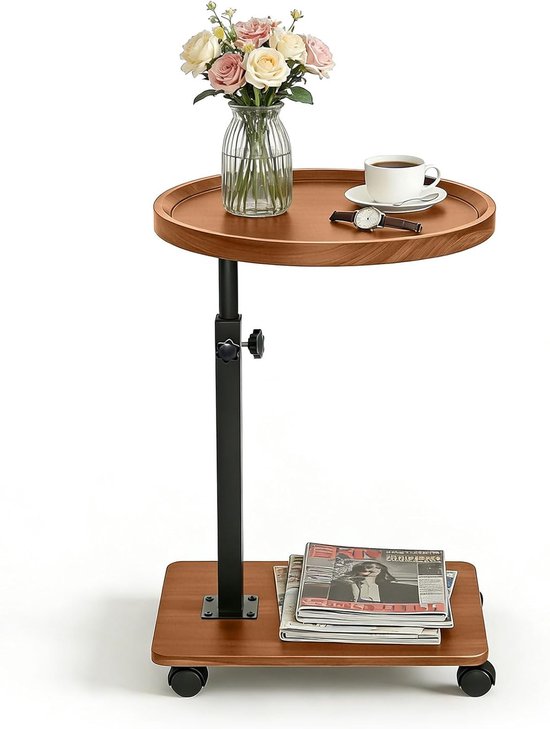 Bijzettafel met wieltjes, bijzettafel in hoogte verstelbaar 45-80 cm, houten bijzettafels C-vorm hebben 360° roterend notenhout afwerking voor woonkamer, slaapkamer, balkon, terras