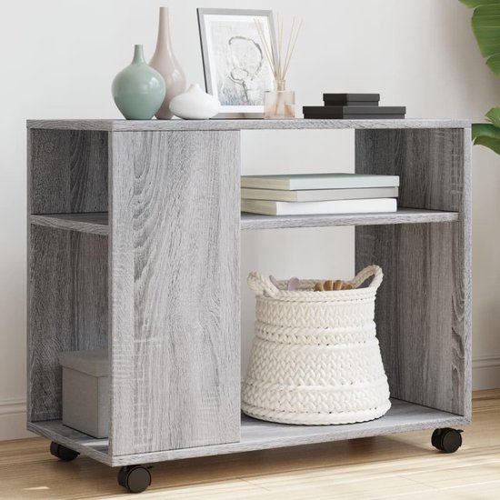 Bijzettafel met wieltjes, grijs, Sonoma slaapkamer, 70 x 35 x 60 cm, houtmateriaal met twee planken en vier zwenkwielen voor eenvoudig verplaatsen