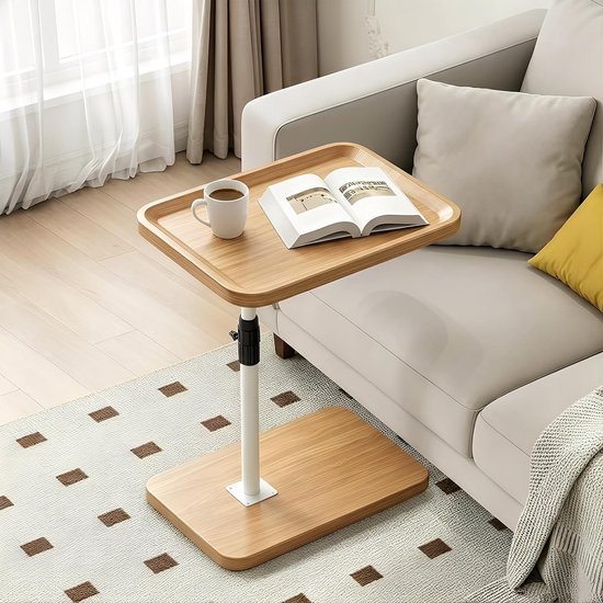 Bijzettafel met wieltjes, in hoogte verstelbaar, 60-90 cm, C-vorm, bijzettafel, hout, 360 graden, mobiele bank, bijzettafel voor woonkamer, bank, bed (natuurlijke houtkleur)