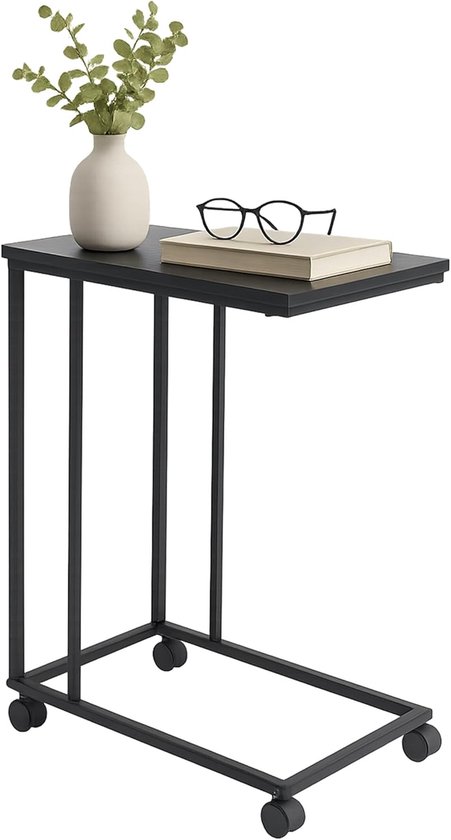 bijzettafel met wieltjes, U-vorm, MDF en metaal, onder bank, 68x50x35 cm, zwart