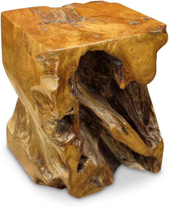 Bijzettafel met wortelhout, 40 cm, massief teak-bijzettafel in rustieke look, ook geschikt als bloemenstandaard