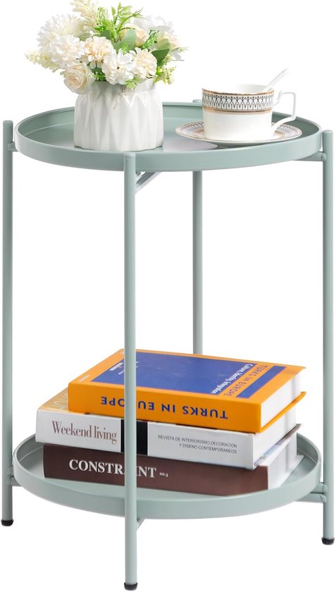 Bijzettafel, metaal, rond, balkontafel, klein, 2 niveaus, metalen salontafel, nachtkastje, salontafel, bijzettafel voor woonkamer, slaapkamer, terras, outdoor, cyaan