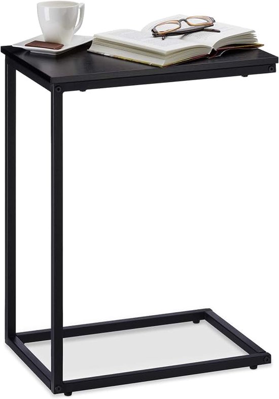 Bijzettafel, metalen onderstel, houten tafelblad, U-vorm, 60 cm hoog, robuuste salontafel, siertafel, zwart