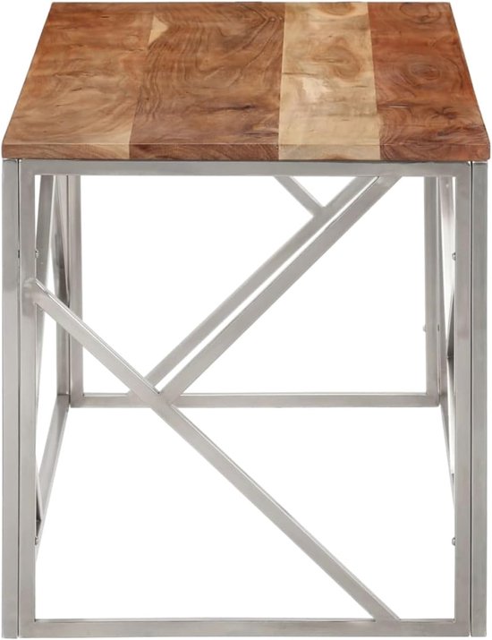 Bijzettafel, moderne blikvanger met roestvrijstalen frame en massief houten plaat van acacia, zilverkleurig, 110 x 45 cm, voor woonkamer, eetkamer, lounge, tafels en koffietafels