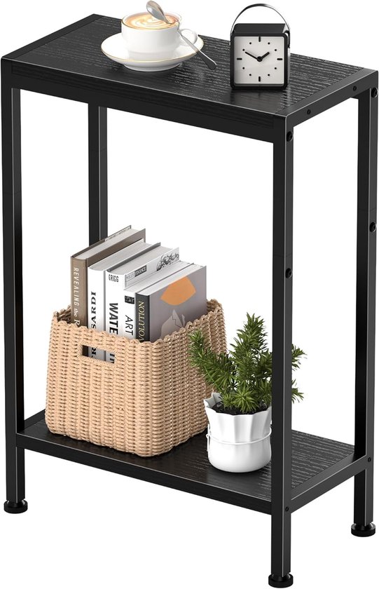 bijzettafel nachtkastje met 2 vakken en opbergruimte, bijzettafel voor bank, kleine tafel voor woonkamer, slaapkamer, keuken en balkon – ideaal voor smalle ruimtes (1, Zwart, 2 Plank)