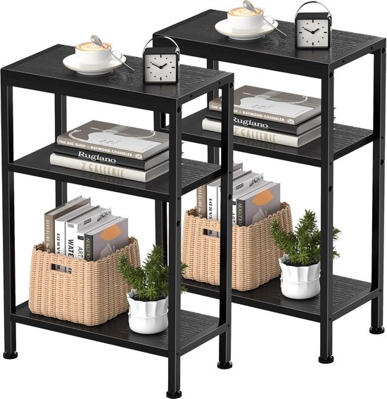 bijzettafel nachtkastje met 2 vakken en opbergruimte, bijzettafel voor bank, kleine tafel voor woonkamer, slaapkamer, keuken en balkon – ideaal voor smalle ruimtes (2, Zwart, 3 Plank)