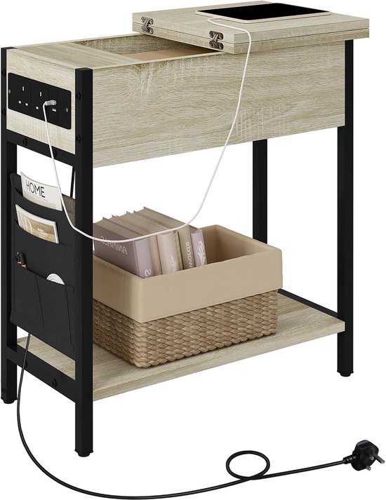 Bijzettafel, nachtkastje met laadstation, banktafel, salontafel met opbergruimte, kleine tafel, USB-aansluiting, stopcontact, tas, inklapbaar tafelblad, licht eiken