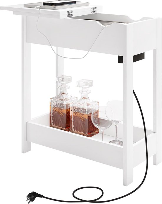 Bijzettafel, nachtkastje met stopcontact, banktafel, salontafel, kleine tafel, consoletafel, inklapbaar tafelblad, 3 legplanken, voor woonkamer, slaapkamer, keuken, wit, 0001CHJ