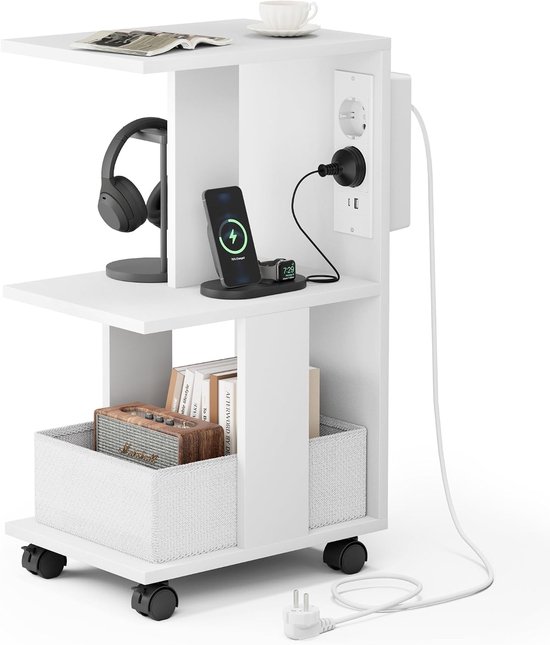 Bijzettafel, nachtkastje met stopcontact, bijzettafel, smal, 3 legplanken, C-vorm, salontafel met wielen en legplank, nachtkastje voor woonkamer, slaapkamer, wit