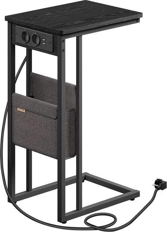 Bijzettafel, nachtkastje met stopcontacten, C-vorm, salontafel voor kleine ruimtes, 2 USB-poorten, 2 AC-aansluitingen, opbergtas, verstelbare poten, ebbenhout LET356B02V1
