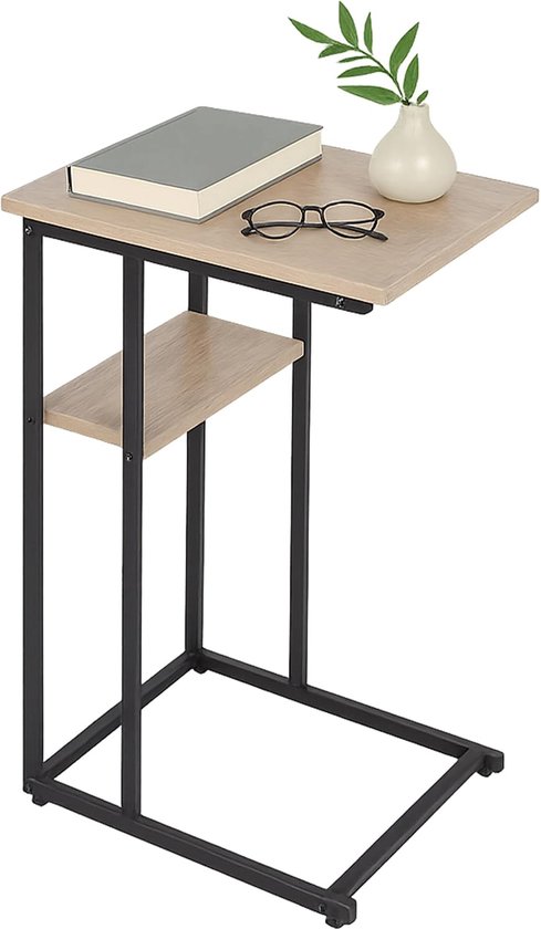 Bijzettafel onder bank, U-vorm, metaal, MDF, 60x40x30 cm, lichtbruin-zwart