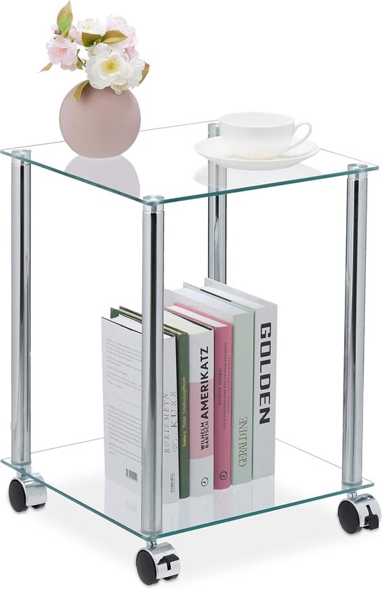 bijzettafel op wielen, 2 etages, vierkant, woonkamer, glas & staal, verrijdbare salontafel, doorzichtig/zilver