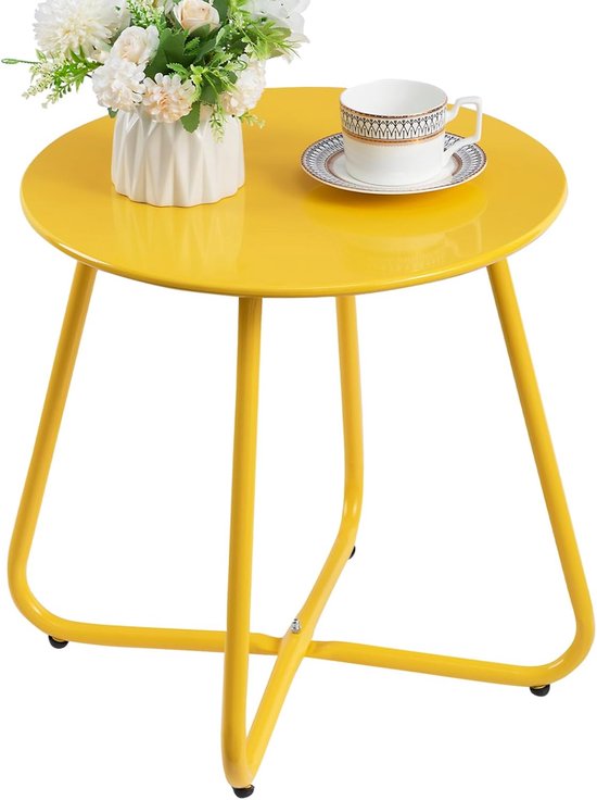 Bijzettafel Outdoor Kleine Balkontafel Ronde Tuintafel Koffietafel Metalen Tafel Patio Woonkamer Terras, Geel
