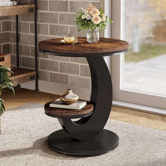 Bijzettafel, rond, 2 niveaus, smal, salontafel, nachtkastje met houten metalen boogframe, industrieel design voor kleine ruimtes, woonkamer, slaapkamer, bruin (1 stuk)