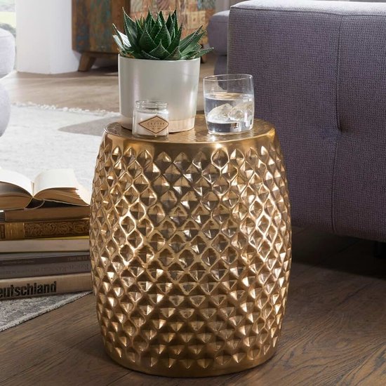 Bijzettafel Rond 32x32x42 cm Metaal Goud, Decoratietafel Klein | oosters aflegtafel met hamerslag-look, handgemaakt uniek exemplaar, ook als plantentafel en nachtkastje