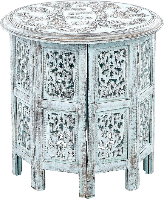 Bijzettafel rond 45 x 45 cm woonkamer mangohout verweerd effect blauw Borai
