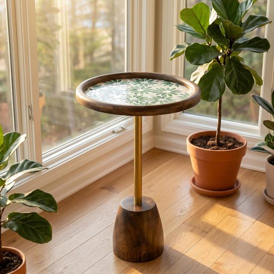 Bijzettafel rond, kleine bijzettafel hout met tafelblad van schelpschalen, salontafel met poten van massief hout, kleine tafel voor woonkamer, slaapkamer, Ø 33 x 55 cm (1, madeliefje)