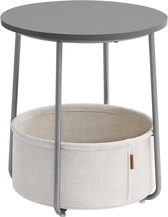 Bijzettafel rond, kleine tafel, salontafel klein, woonkamertafel met stoffen mand, opbergruimte voor woonkamer, slaapkamer, nachtkastje modern, Cement grijs-wolk wit LET223G49