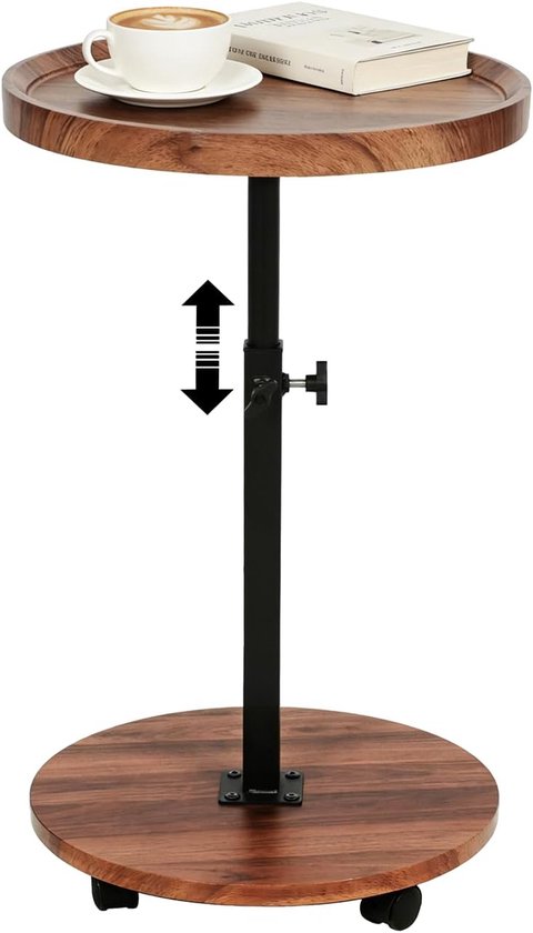 Bijzettafel, rond, met wieltjes, in hoogte verstelbaar (45-80 cm), ronde houten bijzettafels, 360° draaibaar, walnoothouten afwerking, kleine salontafel voor woonkamer, bank (walnoot)