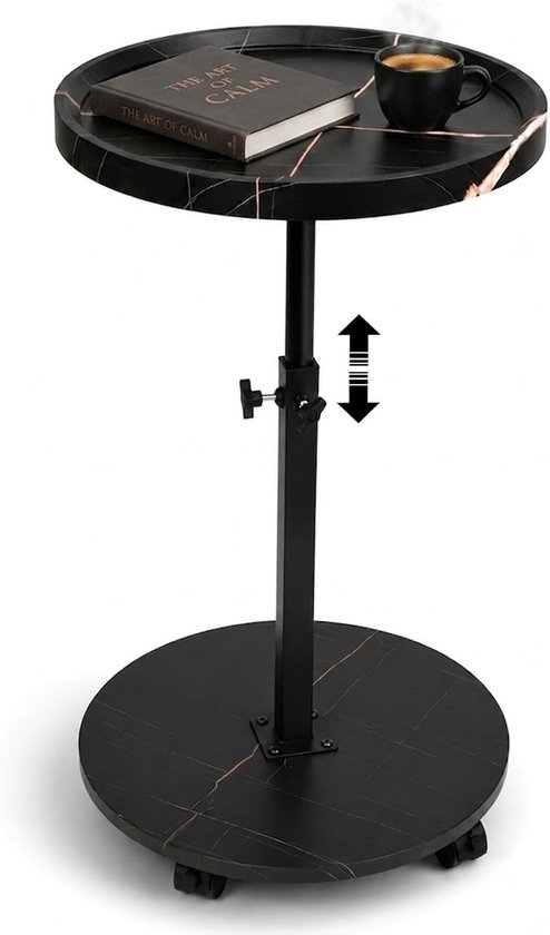 Bijzettafel, rond, met wieltjes, in hoogte verstelbaar (45-80 cm), ronde houten bijzettafels, 360° draaibaar, walnoothouten afwerking, kleine salontafel voor woonkamer, bank, zwart