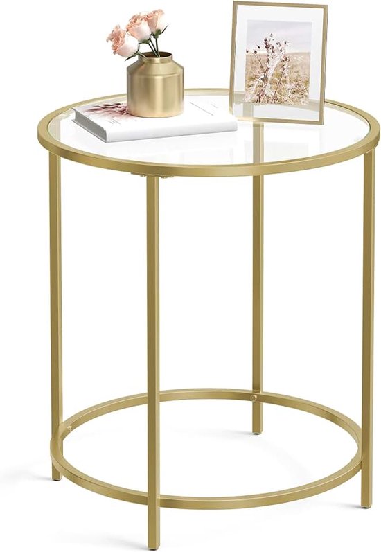 Bijzettafel rond, nachtkastje, kleine salontafel, 50 x 50 x 55 cm, glazen tafel met metalen frame, banktafel, balkon, gehard glas, goud LGT20G