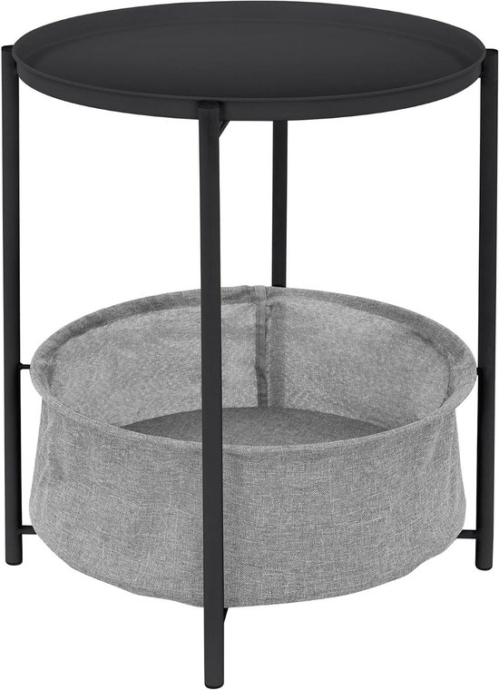 Bijzettafel rond Ø 46 x H51 cm Antraciet, gemaakt van metaal, salontafel met stoffen mand & afneembaar dienblad, salontafel met mand als opbergruimte, woonkamertafel nachtkastje