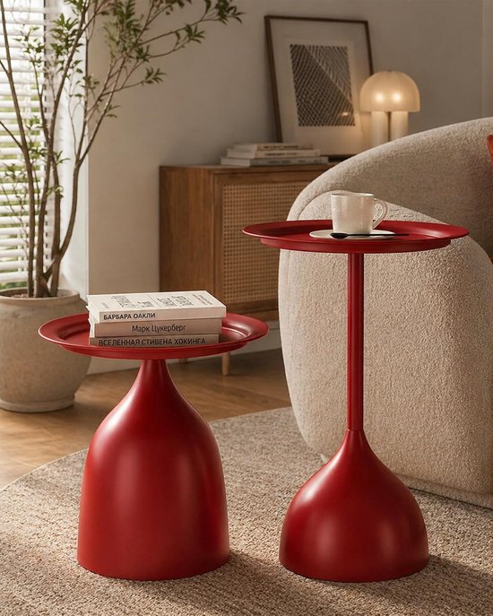 Bijzettafel, rond, rood, set van 2, metalen salontafel voor woonkamer en balkon, moderne salontafel, rood, weerbestendig, kleine bijzettafel voor decoratie slaapkamer, Ø 40 cm, 42+60 cm hoog