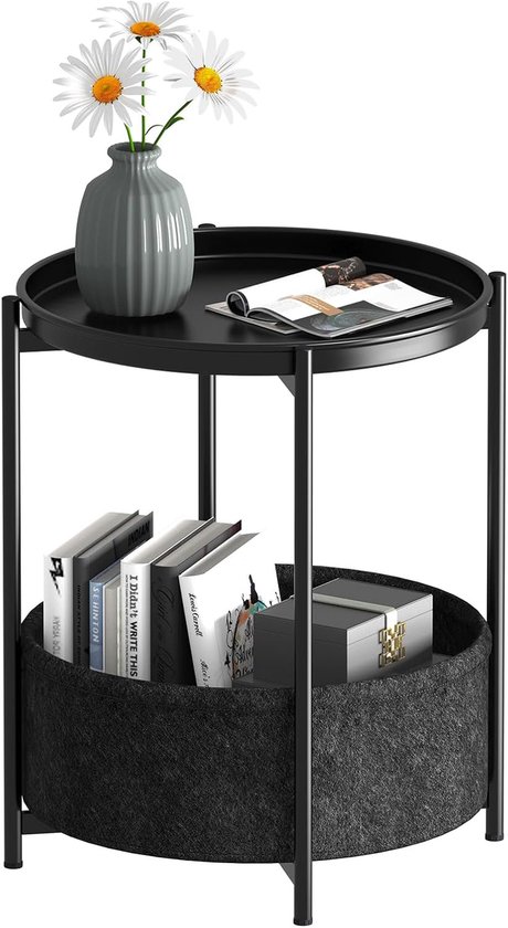 Bijzettafel, rond, salontafel, 2 niveaus, metalen balkontafel, kleine tafel, salontafel met mand van stof, woonkamertafel, bijzettafels, nachtkastje voor slaapkamer, woonkamer (zwart)