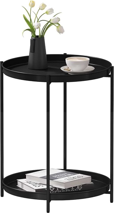 Bijzettafel rond, salontafel met opbergruimte, 2 afneembare dienbladen | Metaal, balkontafel, nachtkastje, eenvoudige montage, tot 20 kg, voor koffie, voor woonkamer, slaapkamer, kantoor, zwart